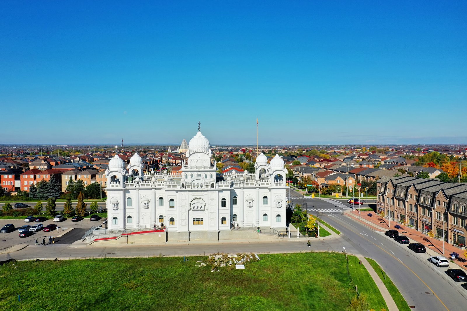 An aerial of of Sikh temple Gurdwara Dashmesh Darbar in Brampton, Canada